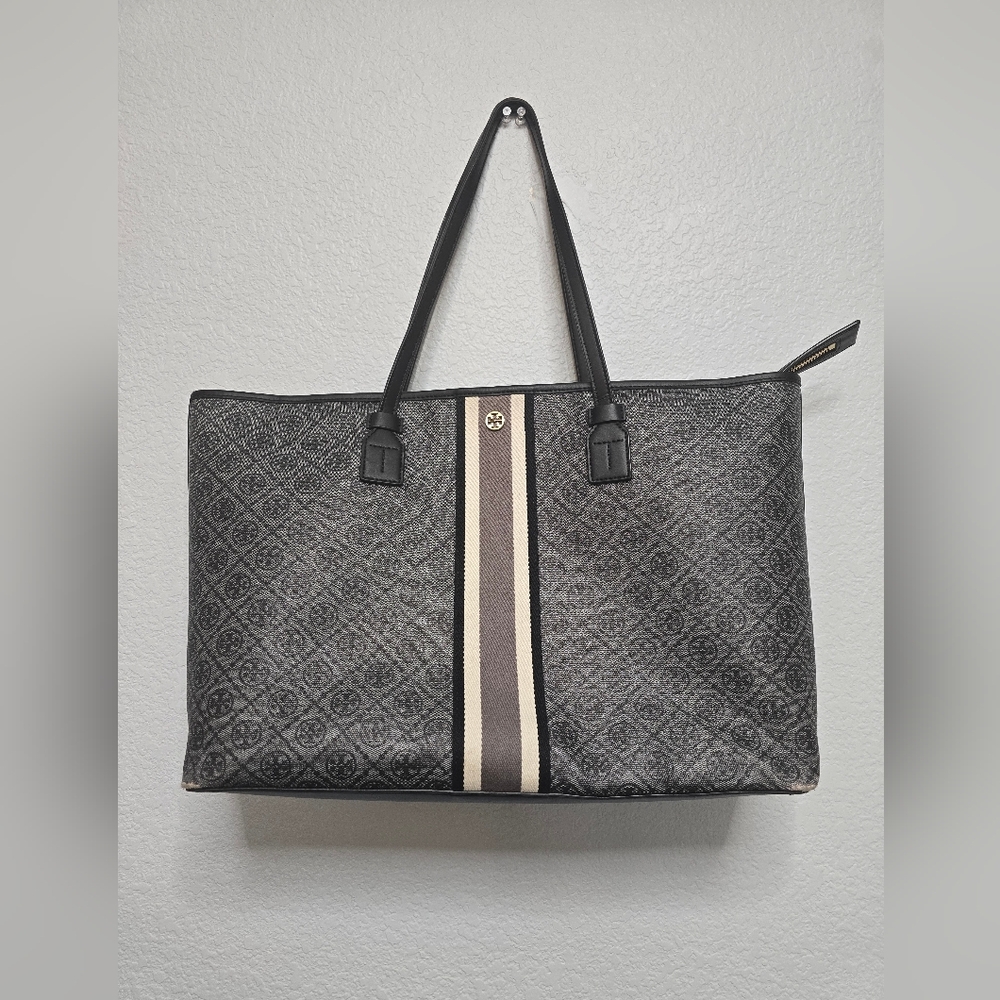 Classic Tory Burch T Monogram Coated Canvas Top Zip Tote Bag Webbing Stripe Read